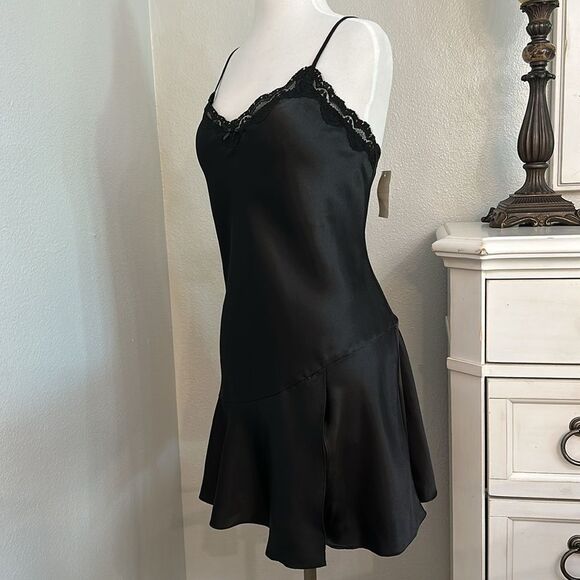 Delicates Vintage Black Satin Slip Dress‎ Size Medium - Picture 2 of 12